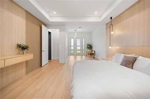 Bedroom, Interior, Pendant Lights, Recessed Lighting, Wood Texture Flooring