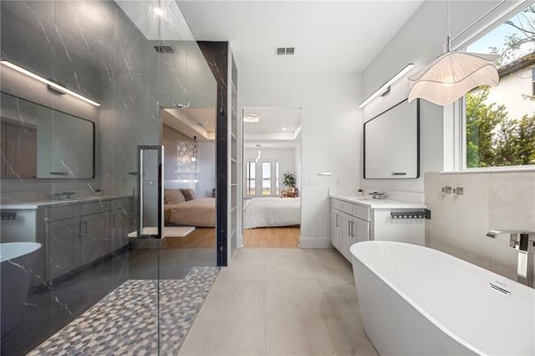 Bathroom, Bedroom, Dual Sink Vanities, Free Standing Baths, Glass Shower, Interior, Marble Walls, Recessed Lighting