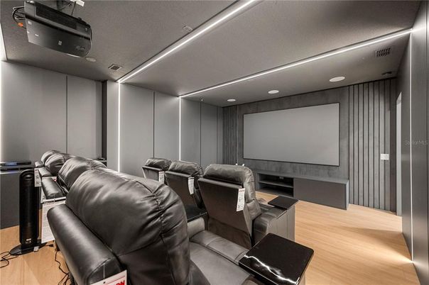 Home Theatre Room, Interior, Projection Screen, Recessed Lighting, Theatre Room, Wood Texture Flooring