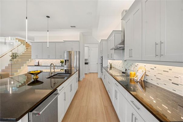 Interior, Kitchen, Pendant Lights, Stainless Steel Appliances, Wood Texture Flooring