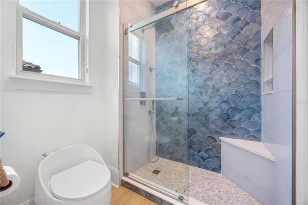 Bathroom, Glass Shower, Interior, Wood Texture Flooring