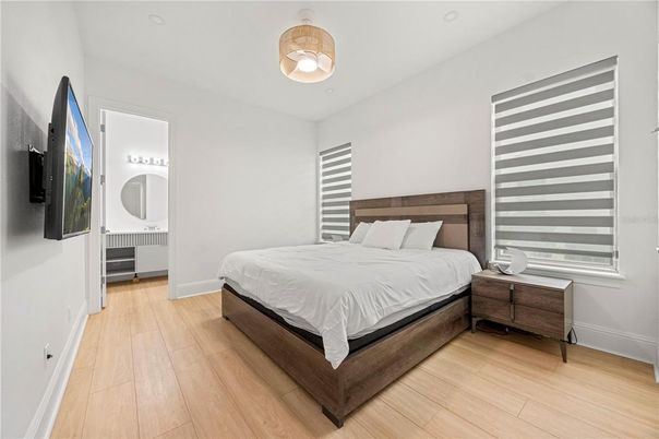 Bedroom, Interior, Pendant Lights, Wood Texture Flooring