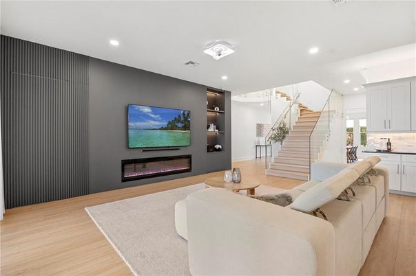 Fireplace, Interior, Living room, Recessed Lighting, Wood Texture Flooring
