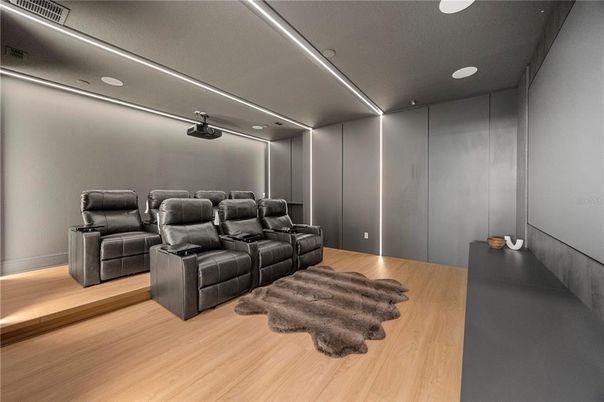 Home Theatre Room, Interior, Recessed Lighting, Theatre Room, Wood Texture Flooring