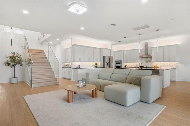 Interior, Kitchen, Living room, Pendant Lights, Recessed Lighting, Stainless Steel Appliances, Wood Texture Flooring