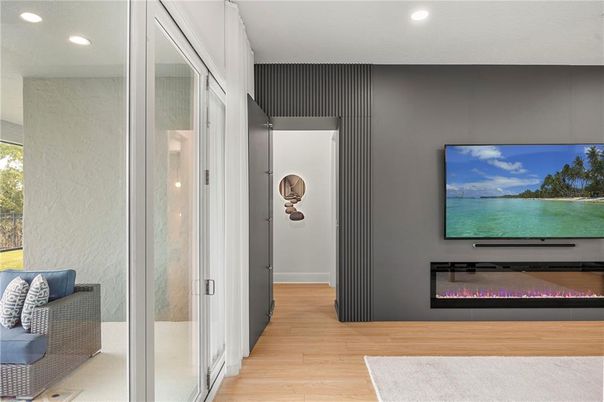 Fireplace, Interior, Recessed Lighting, Wood Texture Flooring