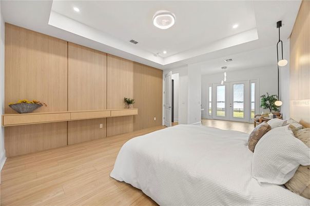 Bedroom, Interior, Pendant Lights, Recessed Lighting, Wood Texture Flooring