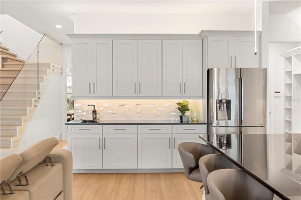 Interior, Kitchen, Recessed Lighting, Stainless Steel Appliances, Wood Texture Flooring