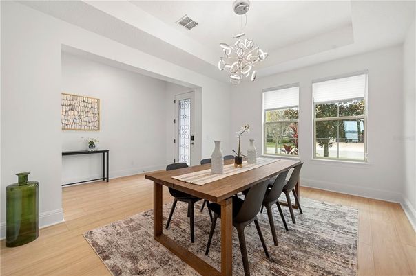 Chandelier, Dining room, Interior, Pendant Lights, Wood Texture Flooring