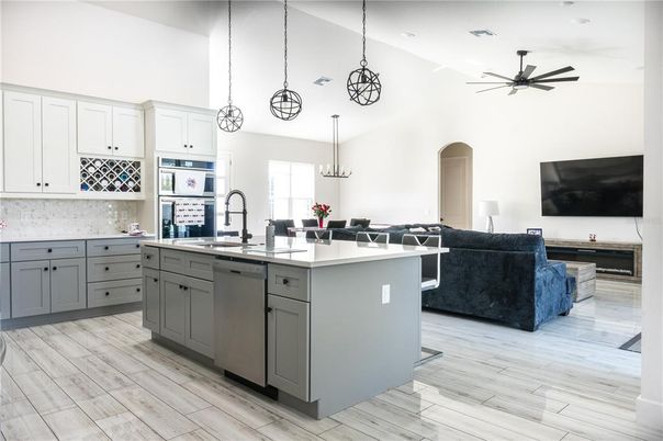 Interior, Kitchen, Living room, Pendant Lights, Recessed Lighting, Stainless Steel Appliances, Wood Texture Flooring