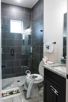 Bathroom, Glass Shower, Interior, Wood Texture Flooring
