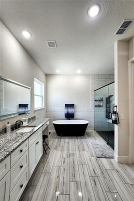 Bathroom, Glass Shower, Interior, Recessed Lighting, Wood Texture Flooring