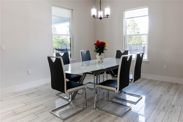 Dining room, Interior, Pendant Lights, Wood Texture Flooring