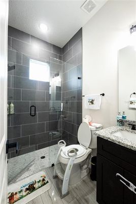Bathroom, Glass Shower, Interior, Recessed Lighting, Wood Texture Flooring