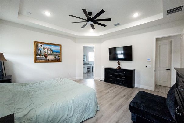 Bedroom, Interior, Recessed Lighting, Wood Texture Flooring