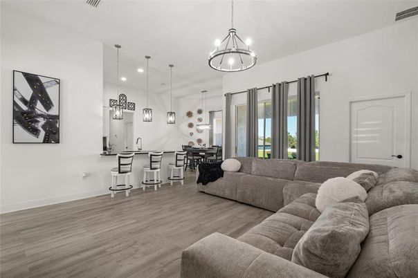Dining room, Interior, Living room, Pendant Lights, Recessed Lighting, Wood Texture Flooring