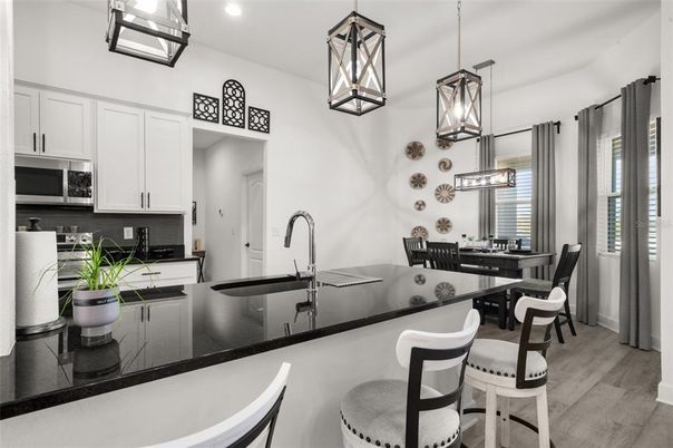Dining room, Interior, Kitchen, Pendant Lights, Recessed Lighting, Wood Texture Flooring