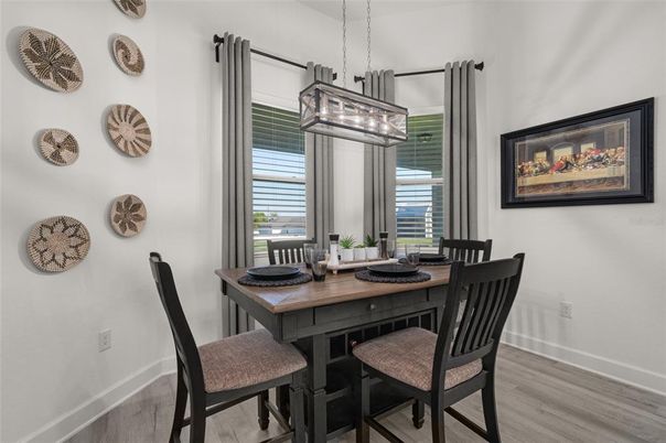Dining room, Interior, Pendant Lights, Wood Texture Flooring