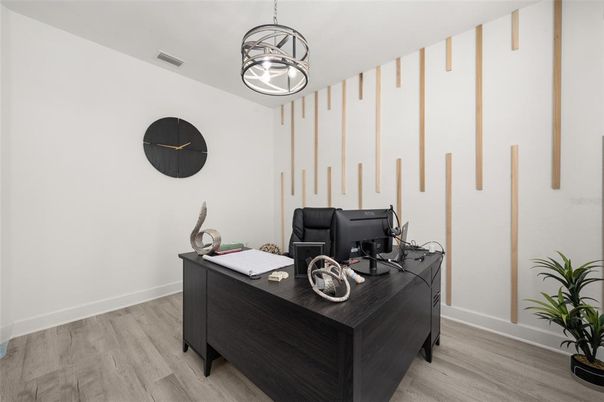 Home Office, Interior, Pendant Lights, Wood Texture Flooring