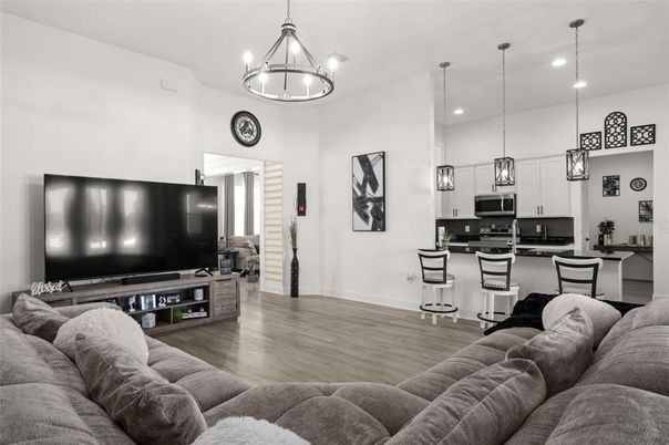 Interior, Kitchen, Living room, Pendant Lights, Recessed Lighting, Wood Texture Flooring
