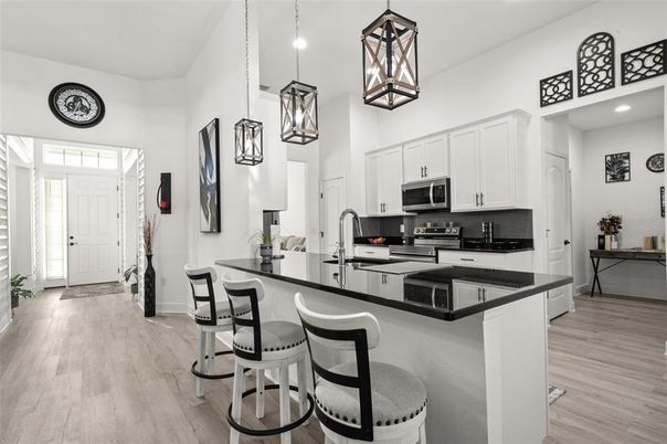 Interior, Kitchen, Pendant Lights, Recessed Lighting, Wood Texture Flooring