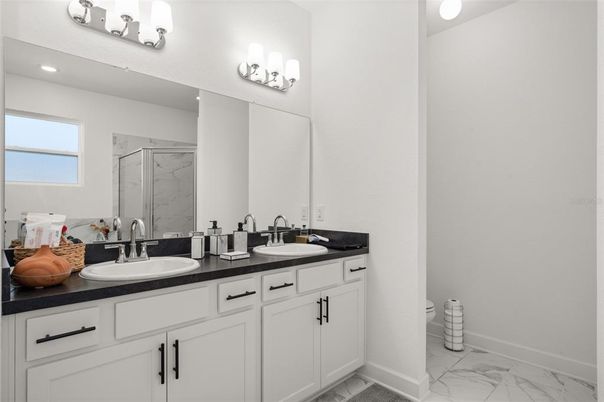 Bathroom, Dual Sink Vanities, Interior, Marble, Recessed Lighting