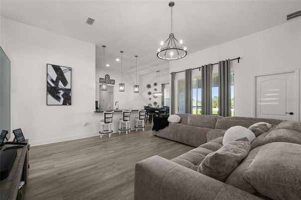 Interior, Kitchen, Living room, Pendant Lights, Recessed Lighting, Wood Texture Flooring