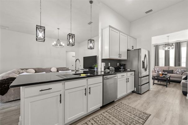 Interior, Kitchen, Living room, Pendant Lights, Wood Texture Flooring