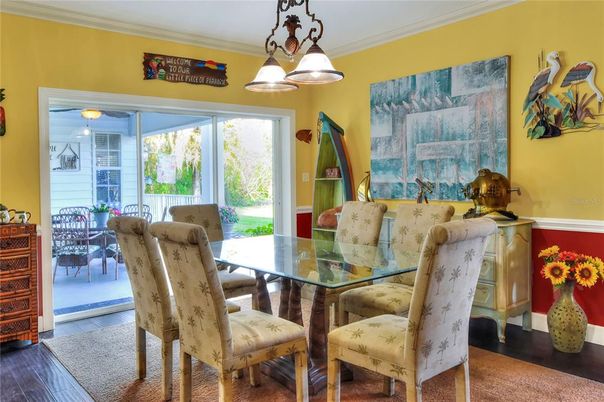 Dining room, Interior, Pendant Lights, Wood Texture Flooring