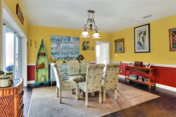 Chandelier, Dining room, Interior, Pendant Lights, Wood Texture Flooring
