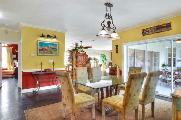 Dining room, Interior, Pendant Lights, Wood Texture Flooring