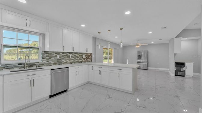 Interior, Kitchen, Marble, Pendant Lights, Recessed Lighting, Stainless Steel Appliances