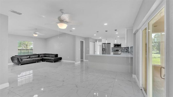 Interior, Kitchen, Living room, Marble, Recessed Lighting, Stainless Steel Appliances