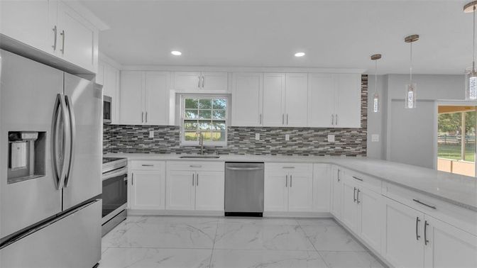 Interior, Kitchen, Marble, Pendant Lights, Recessed Lighting, Stainless Steel Appliances