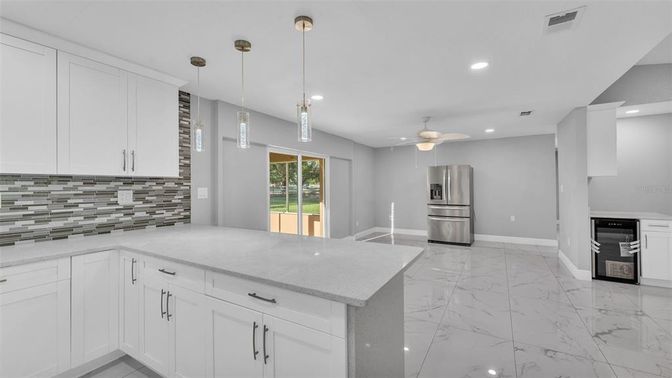 Interior, Kitchen, Marble, Pendant Lights, Recessed Lighting, Stainless Steel Appliances