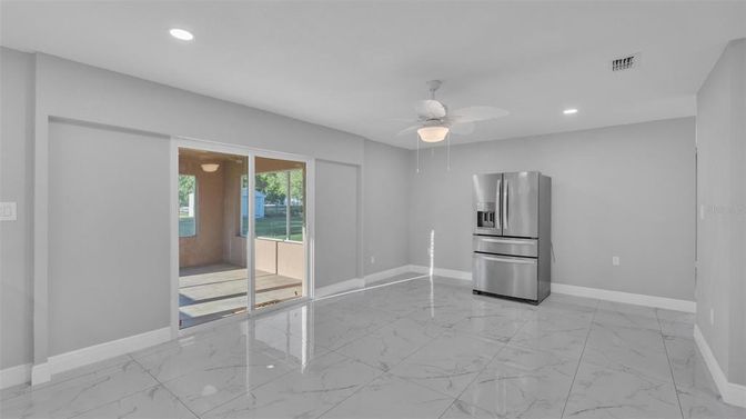 Empty room, Interior, Kitchen, Marble, Recessed Lighting, Stainless Steel Appliances