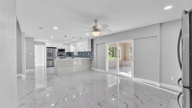 Interior, Kitchen, Marble, Recessed Lighting, Stainless Steel Appliances