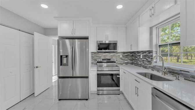 Interior, Kitchen, Marble, Recessed Lighting, Stainless Steel Appliances