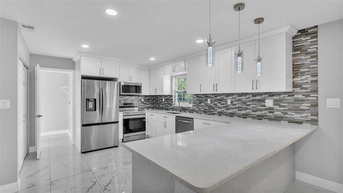 Interior, Kitchen, Marble, Pendant Lights, Recessed Lighting, Stainless Steel Appliances