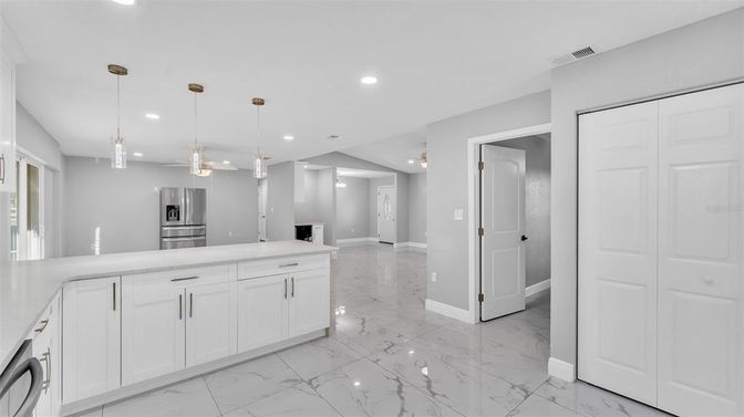 Interior, Kitchen, Marble, Pendant Lights, Recessed Lighting, Stainless Steel Appliances