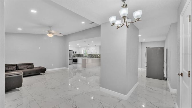 Interior, Kitchen, Marble, Pendant Lights, Recessed Lighting