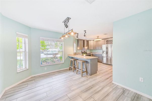 Interior, Kitchen, Pendant Lights, Stainless Steel Appliances, Wood Texture Flooring