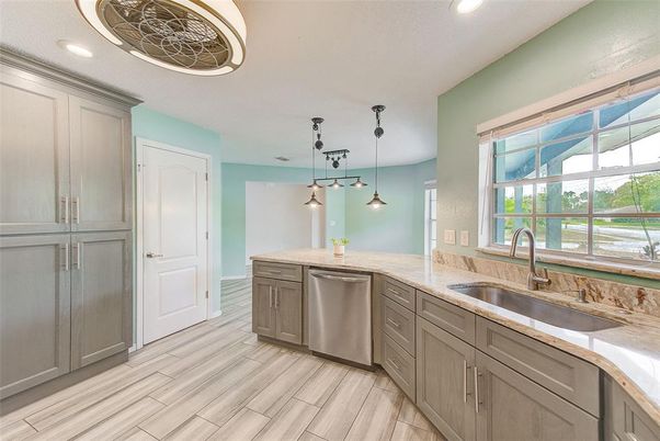Interior, Kitchen, Pendant Lights, Recessed Lighting, Wood Texture Flooring