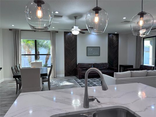 Dining room, Interior, Kitchen, Living room, Pendant Lights, Recessed Lighting, Wood Texture Flooring