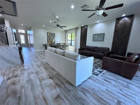 Dining room, Interior, Living room, Recessed Lighting, Wood Texture Flooring