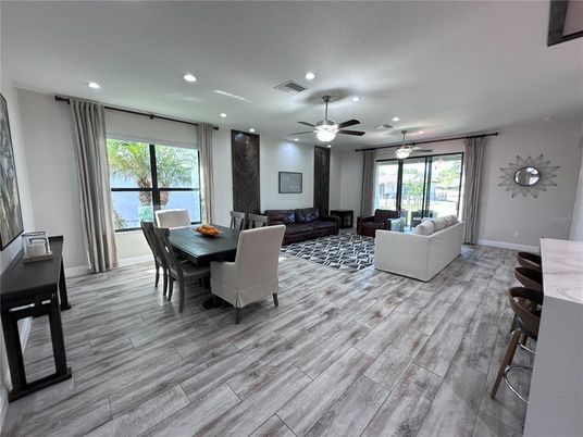 Dining room, Interior, Living room, Recessed Lighting, Wood Texture Flooring