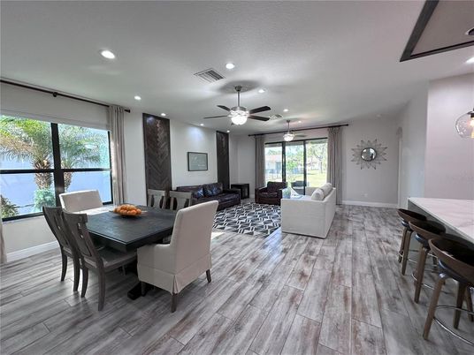 Dining room, Interior, Living room, Recessed Lighting, Wood Texture Flooring