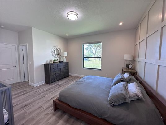 Bedroom, Interior, Recessed Lighting, Wood Texture Flooring
