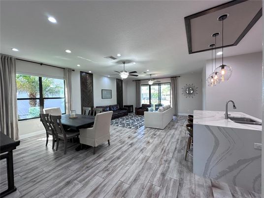 Dining room, Interior, Living room, Pendant Lights, Recessed Lighting, Wood Texture Flooring