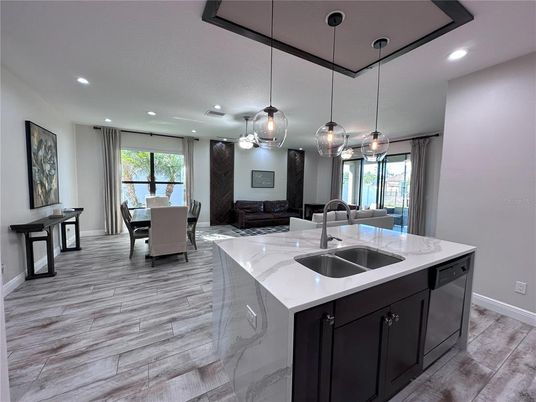 Dining room, Interior, Kitchen, Pendant Lights, Recessed Lighting, Wood Texture Flooring